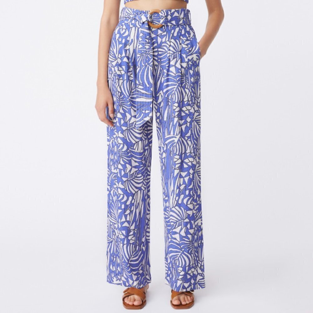 Suncoo Paris Blue Linen Botanical Print Wide Leg Pants T2 Medium Resortwear